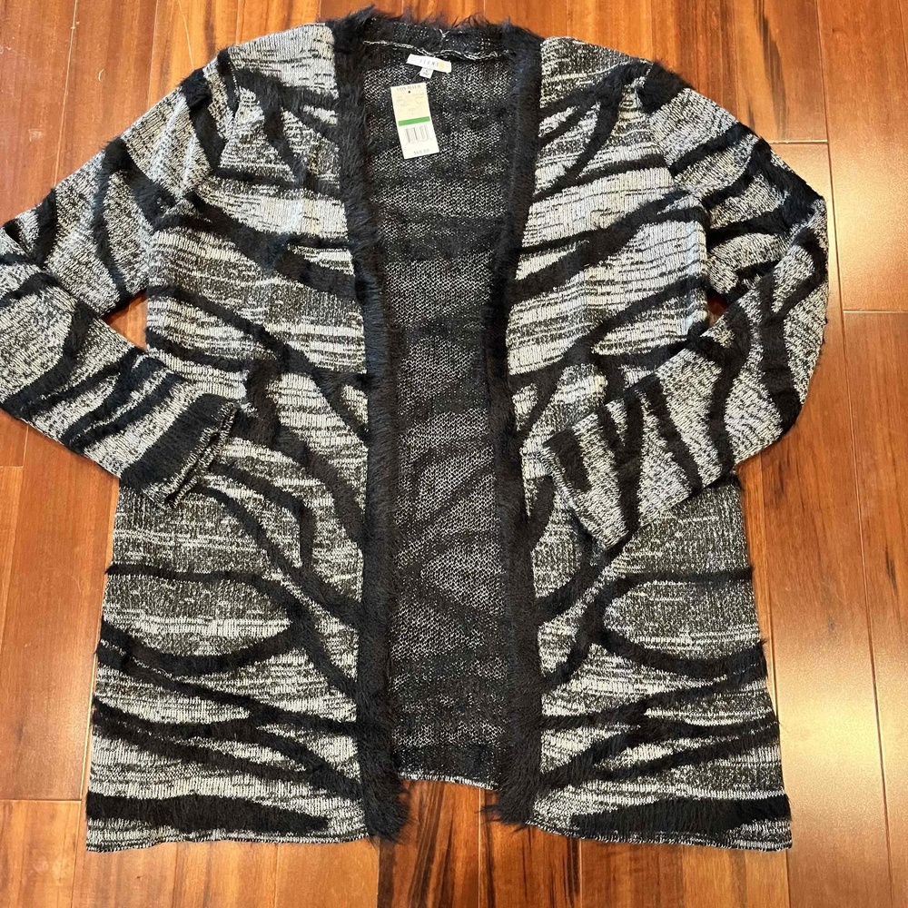 New NWT Sioni‎ Black Sweater Animal Print Faux Fur Knit Open Front Cardigan Sz L